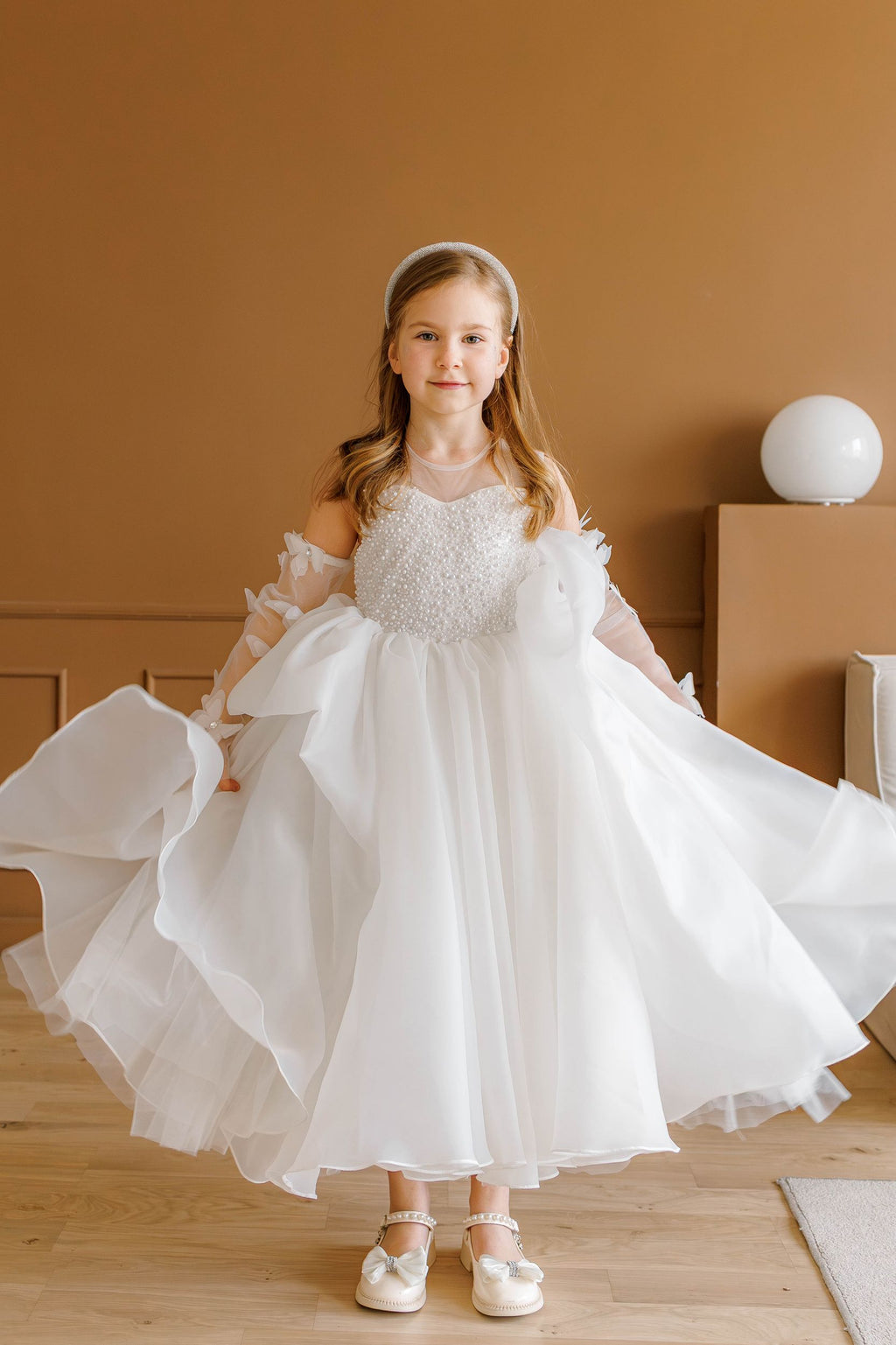 Off-white Pearl Bodice Organza Flower Girl Dress with Removable Butterfly Sleeves, Lined Special Occasion Baby Outfit