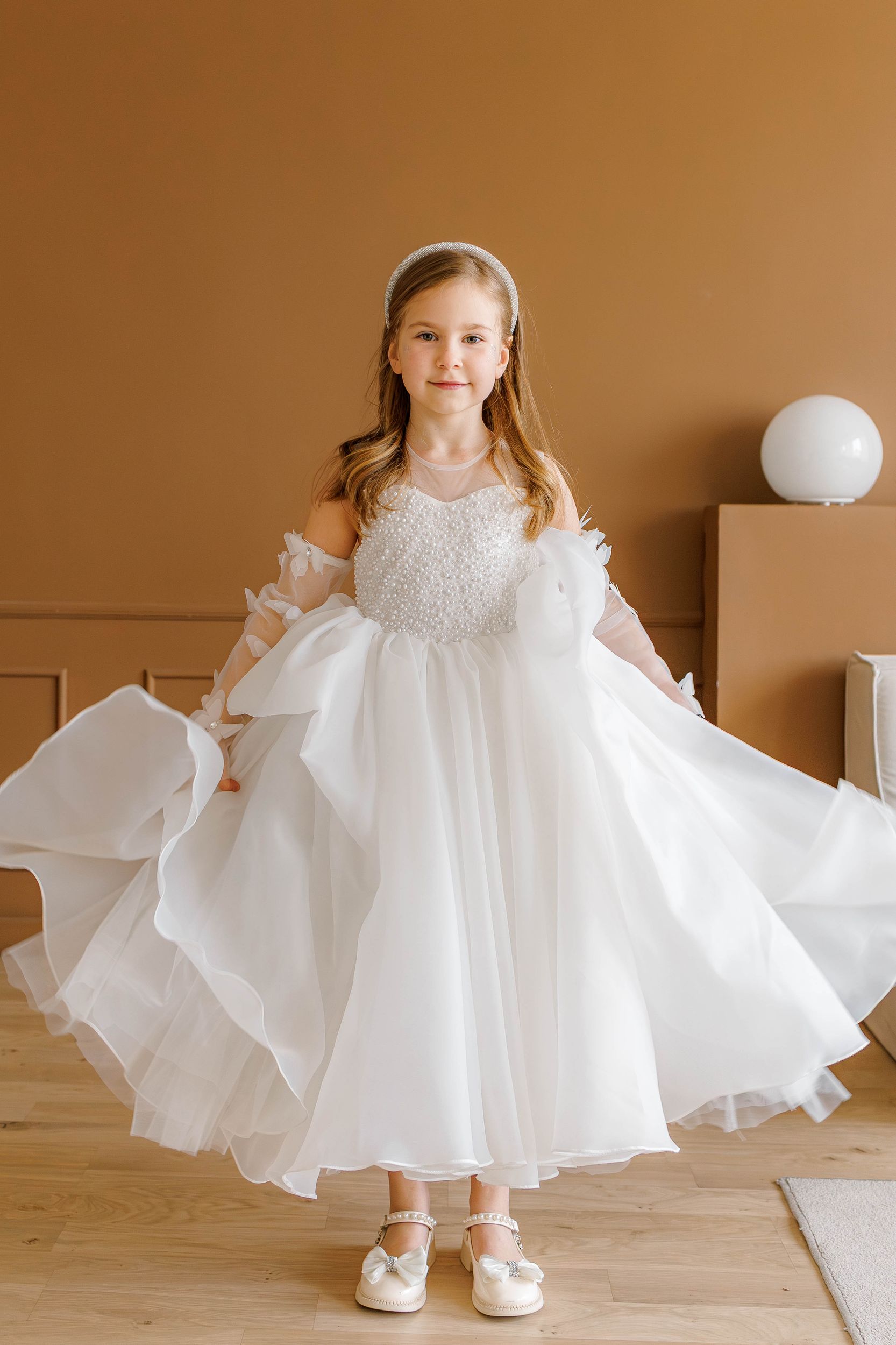 Off-white Pearl Bodice Organza Flower Girl Dress with Removable Butterfly Sleeves, Lined Special Occasion Baby Outfit