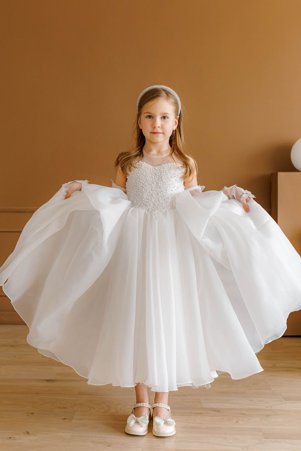 Off-white Pearl Bodice Organza Flower Girl Dress with Removable Butterfly Sleeves, Lined Special Occasion Baby Outfit