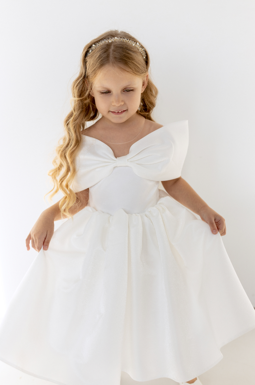 Off-the-Shoulder Satin Flower Girl Dress with Dramatic Front Bow, Baby Girl Wedding Dress, Elegant Girls Party Dress