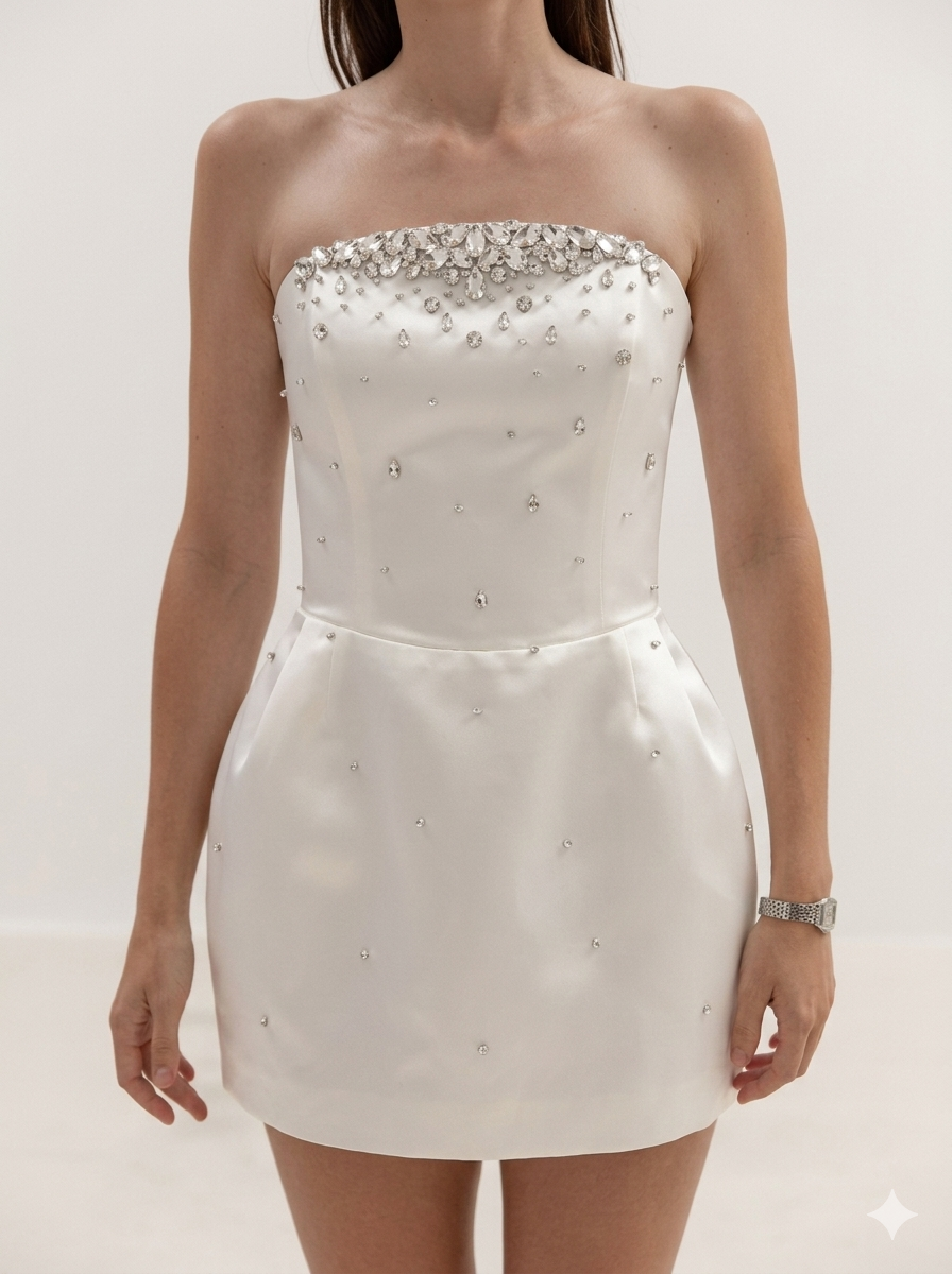 Strapless Little Black Dress Satin Mini Cocktail Gown with Crystal Swarovski Elements