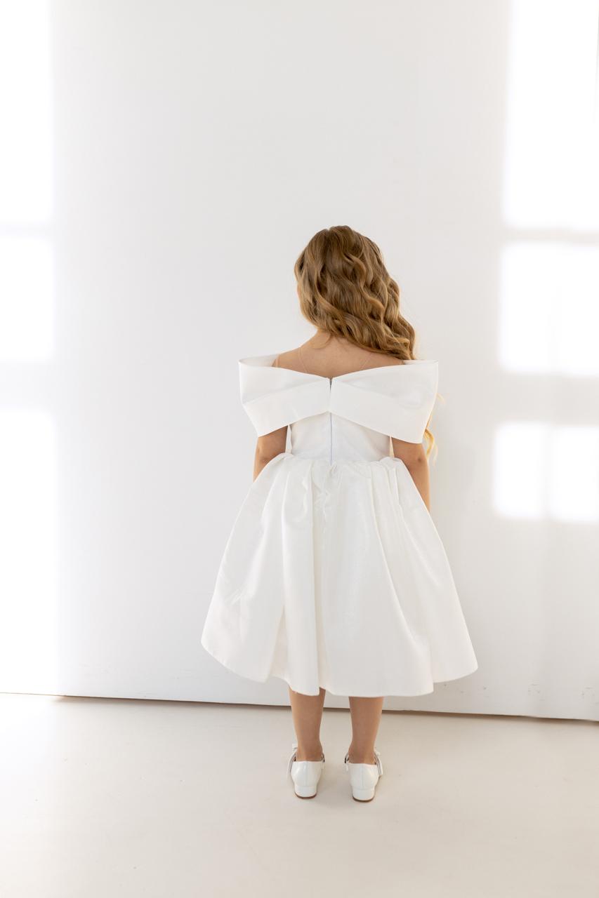 Off-the-Shoulder Satin Flower Girl Dress with Dramatic Front Bow, Baby Girl Wedding Dress, Elegant Girls Party Dress
