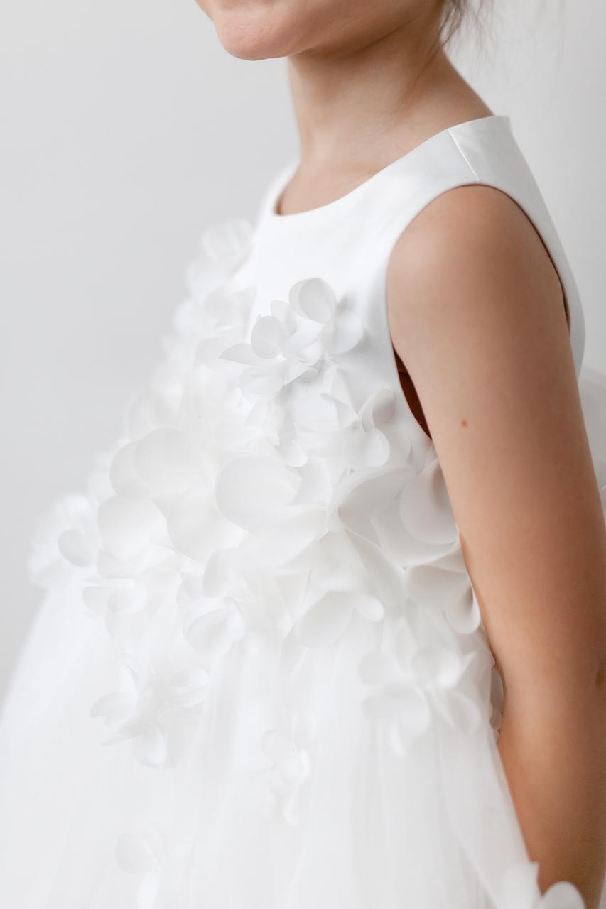 3D Floral Applique Tulle Flower Girl Dress with Satin Bodice, Elegant High Neck Wedding Dress, Baby Girl Formal Dress