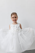 3D Floral Applique Tulle Flower Girl Dress with Satin Bodice, Elegant High Neck Wedding Dress, Baby Girl Formal Dress