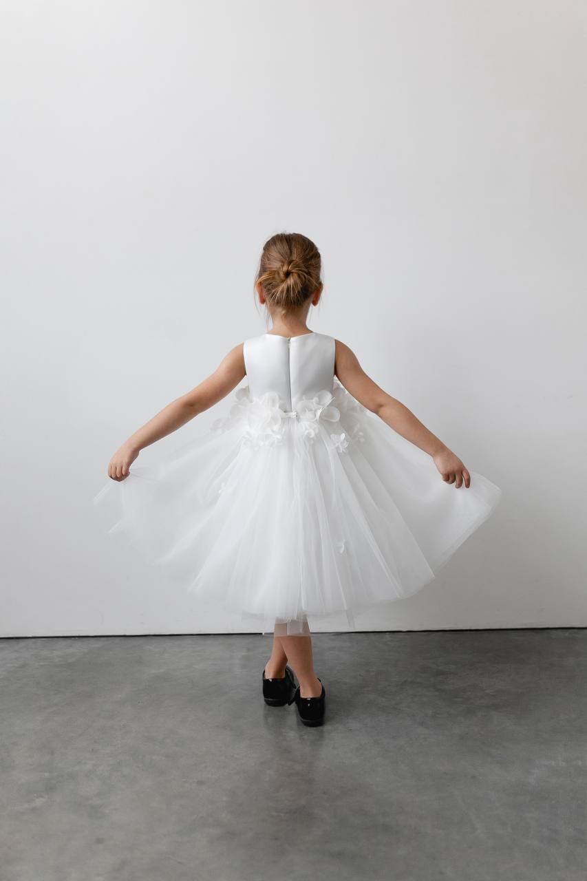 3D Floral Applique Tulle Flower Girl Dress with Satin Bodice, Elegant High Neck Wedding Dress, Baby Girl Formal Dress