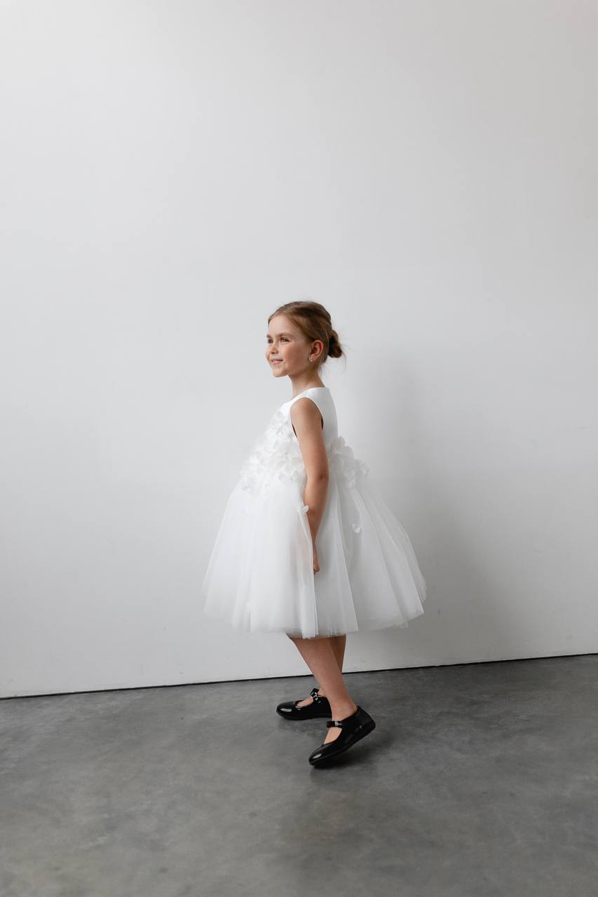 3D Floral Applique Tulle Flower Girl Dress with Satin Bodice, Elegant High Neck Wedding Dress, Baby Girl Formal Dress