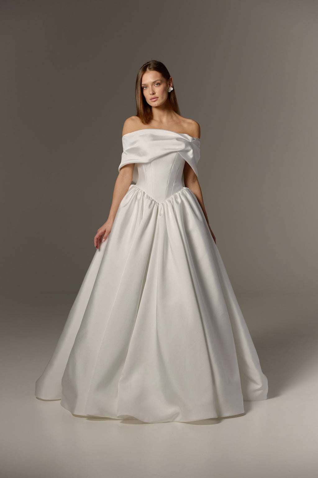 Mikado Wedding Dress with Removable Off-Shoulder Bolero: Structured Corset Bodice & Full Ball Gown Skirt