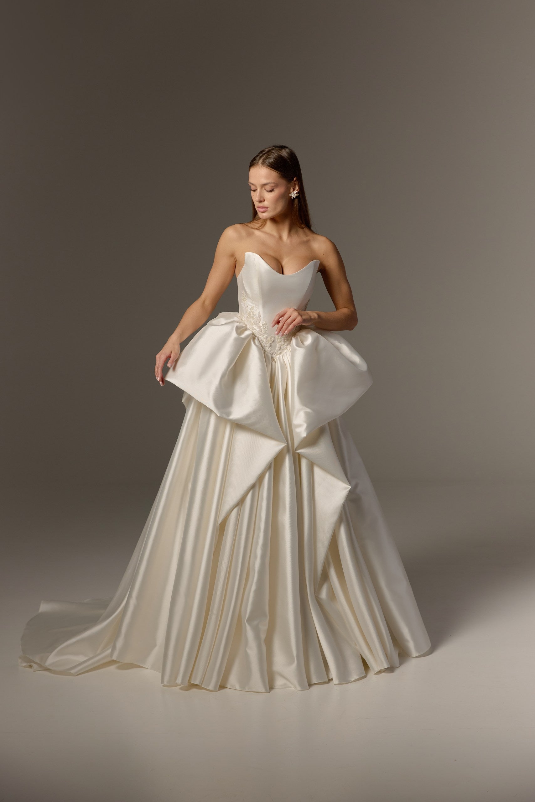 Drop Waist Ivory Mikado Wedding Dress with Embroidery: Peplum Corset & Full Ball Gown Skirt with Train