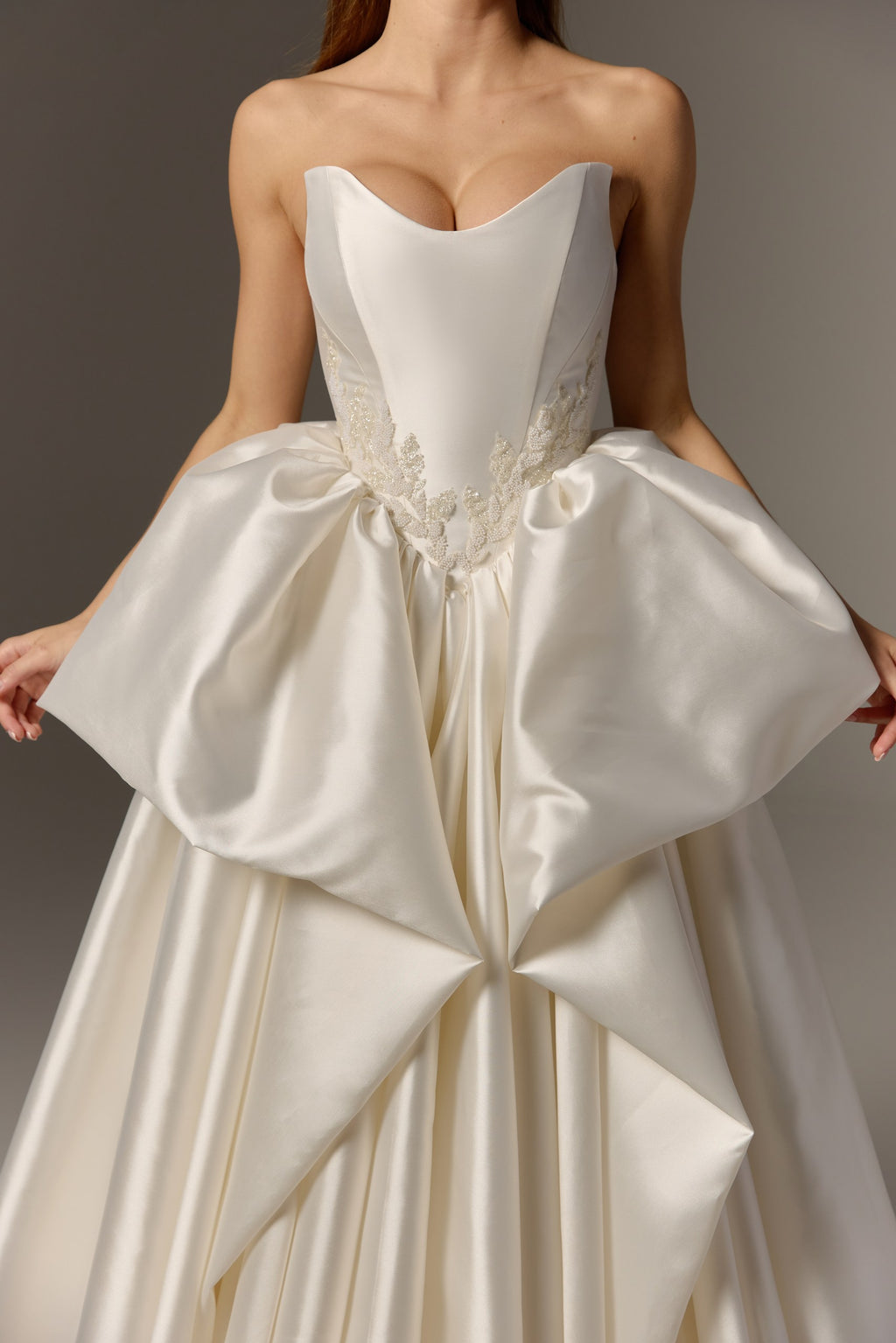 Drop Waist Ivory Mikado Wedding Dress with Embroidery: Peplum Corset & Full Ball Gown Skirt with Train