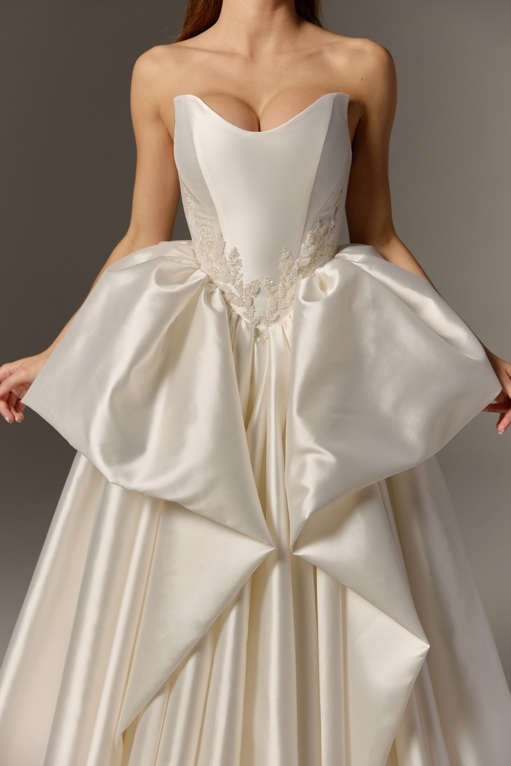 Drop Waist Ivory Mikado Wedding Dress with Embroidery: Peplum Corset & Full Ball Gown Skirt with Train
