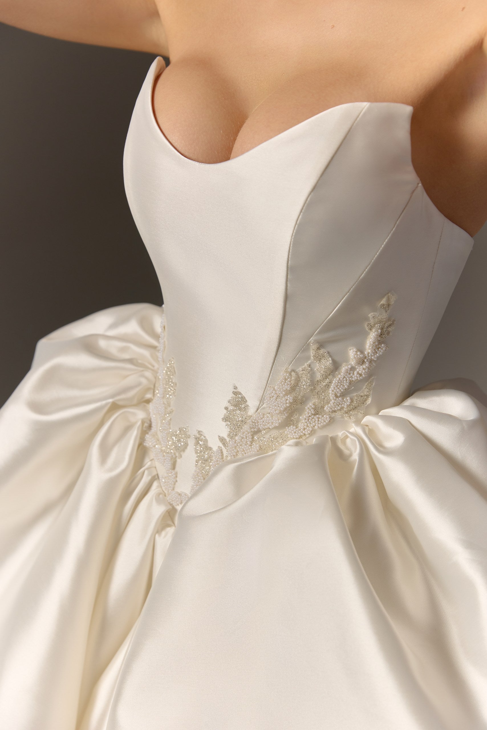 Drop Waist Ivory Mikado Wedding Dress with Embroidery: Peplum Corset & Full Ball Gown Skirt with Train