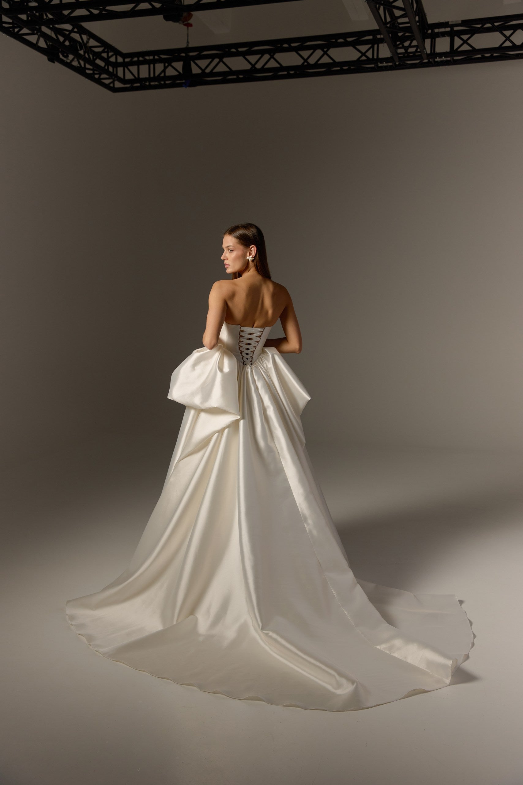 Drop Waist Ivory Mikado Wedding Dress : Peplum Corset & Full Ball Gown Skirt with Train