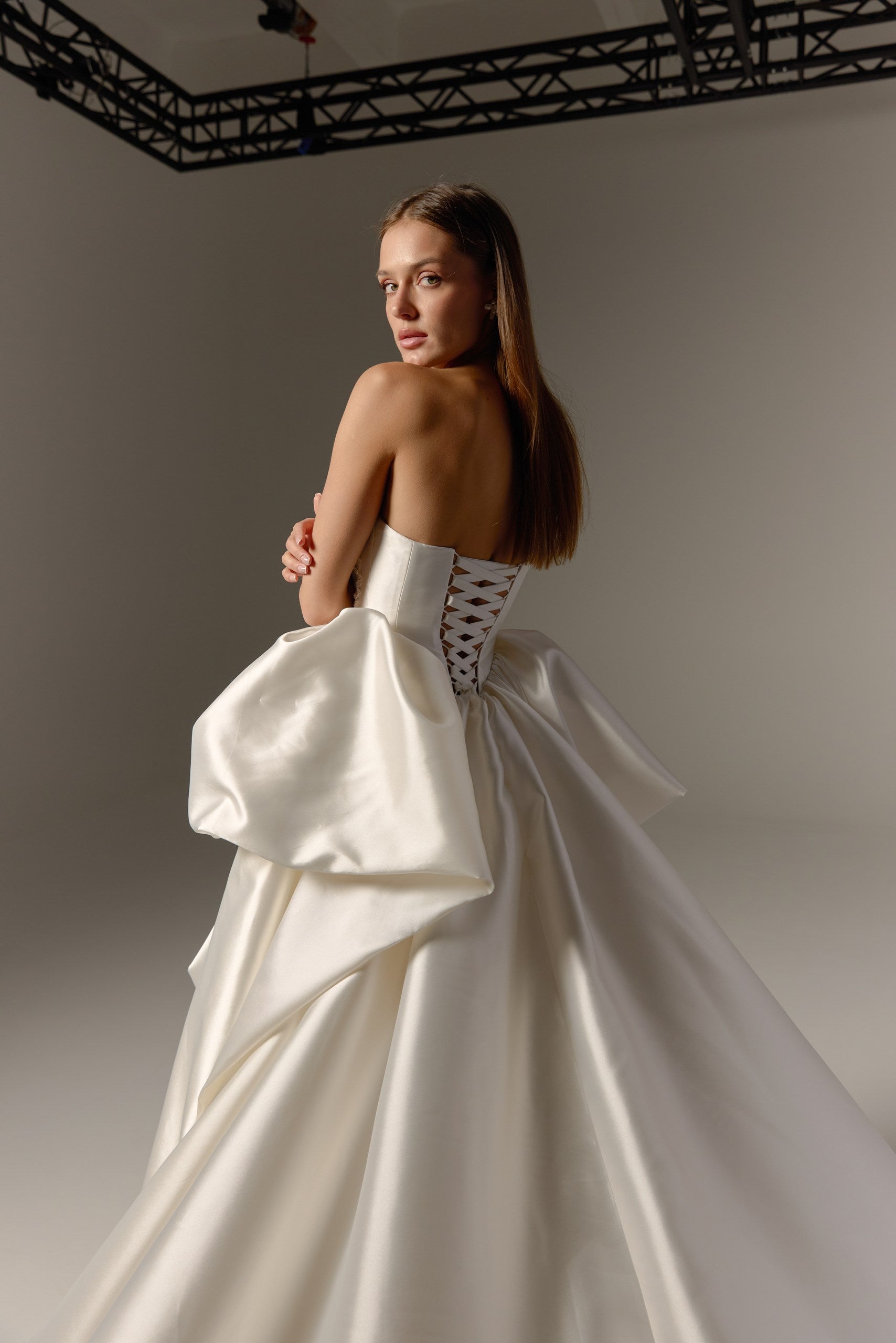 Drop Waist Ivory Mikado Wedding Dress : Peplum Corset & Full Ball Gown Skirt with Train