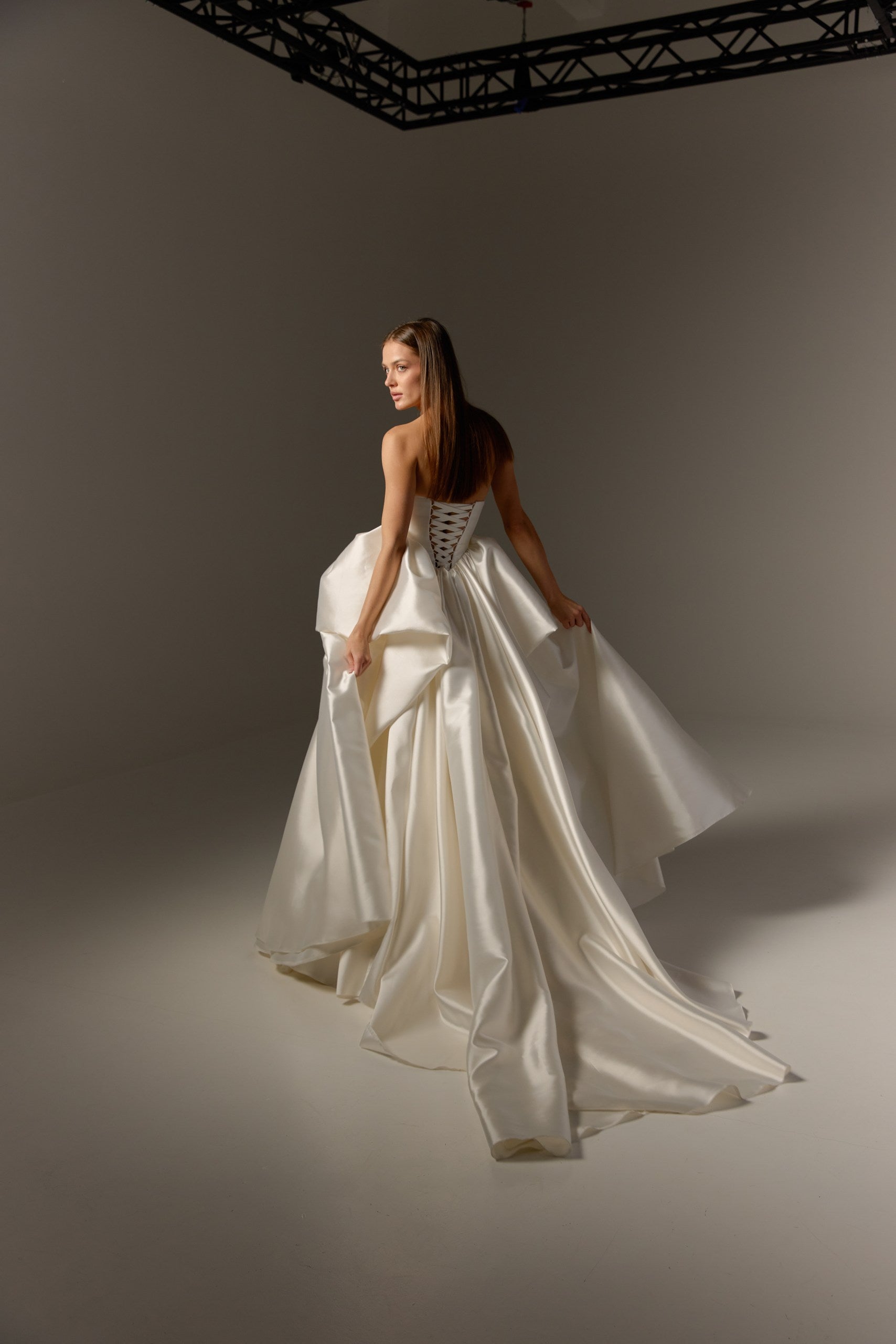 Drop Waist Ivory Mikado Wedding Dress : Peplum Corset & Full Ball Gown Skirt with Train