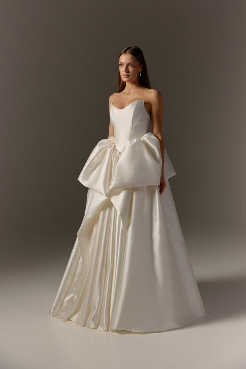 Drop Waist Ivory Mikado Wedding Dress : Peplum Corset & Full Ball Gown Skirt with Train