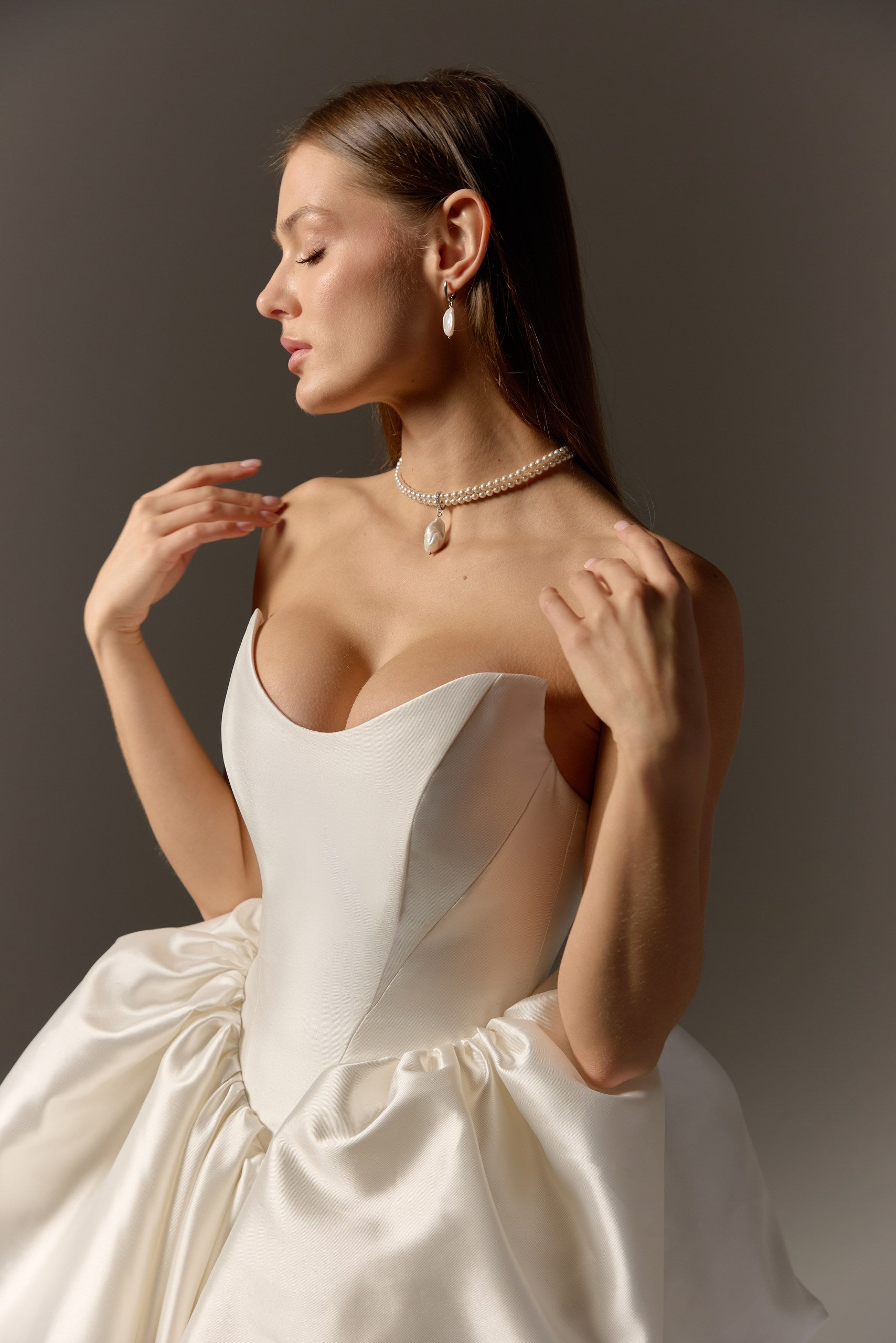 Drop Waist Ivory Mikado Wedding Dress : Peplum Corset & Full Ball Gown Skirt with Train
