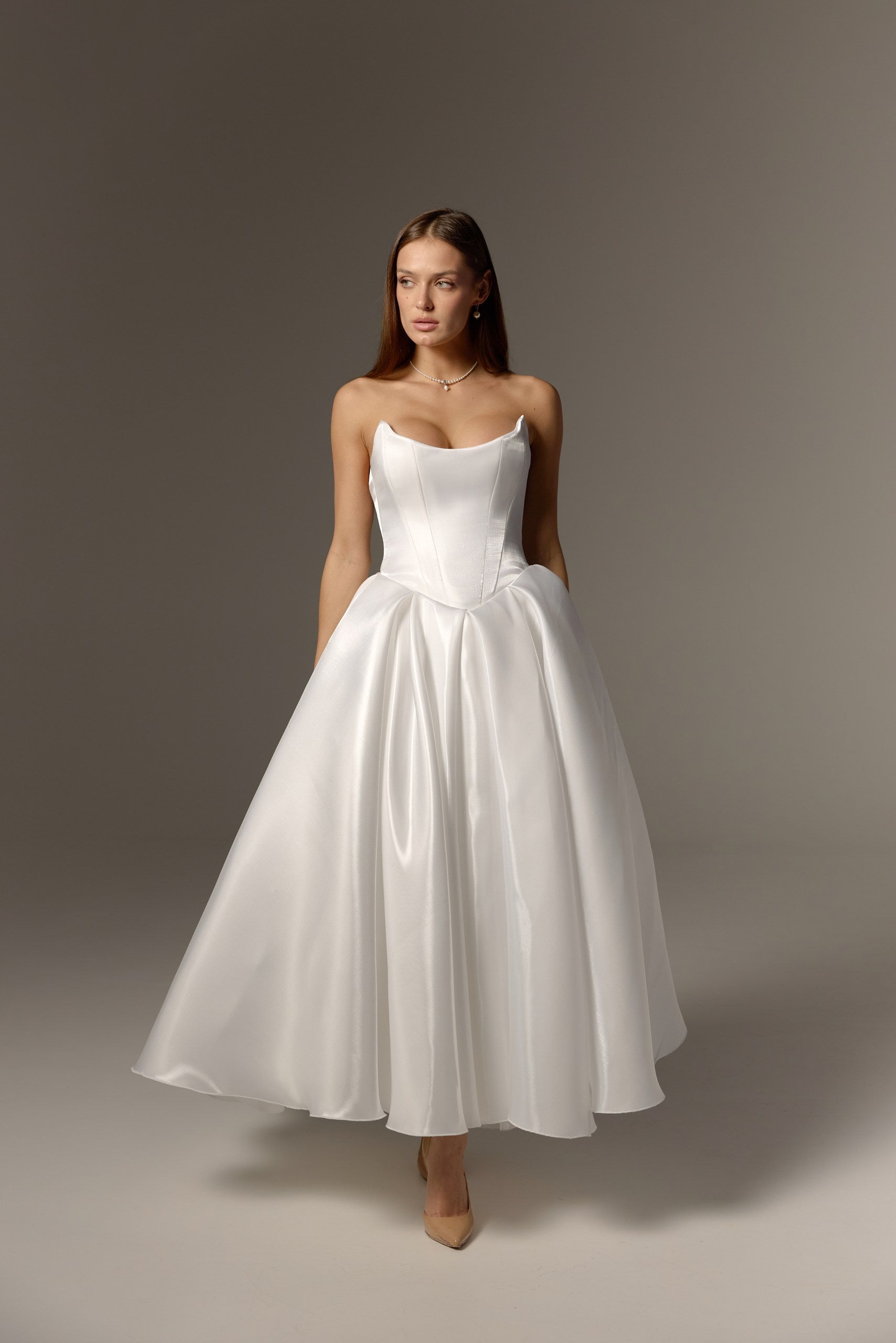 Midi Civil Wedding Dress: Off-White Minimalist Simple Bridal Gown