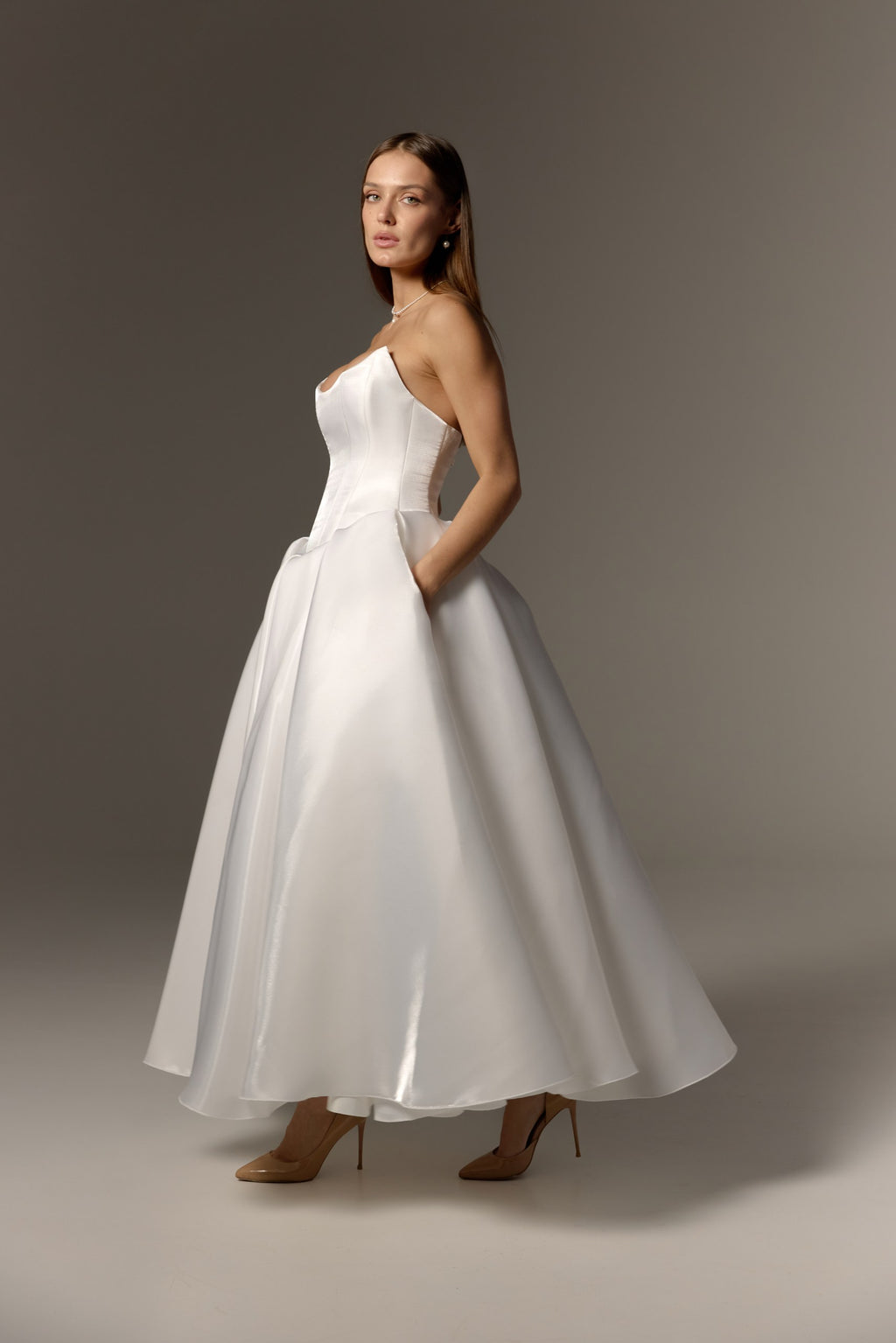 Midi Civil Wedding Dress: Off-White Minimalist Simple Bridal Gown