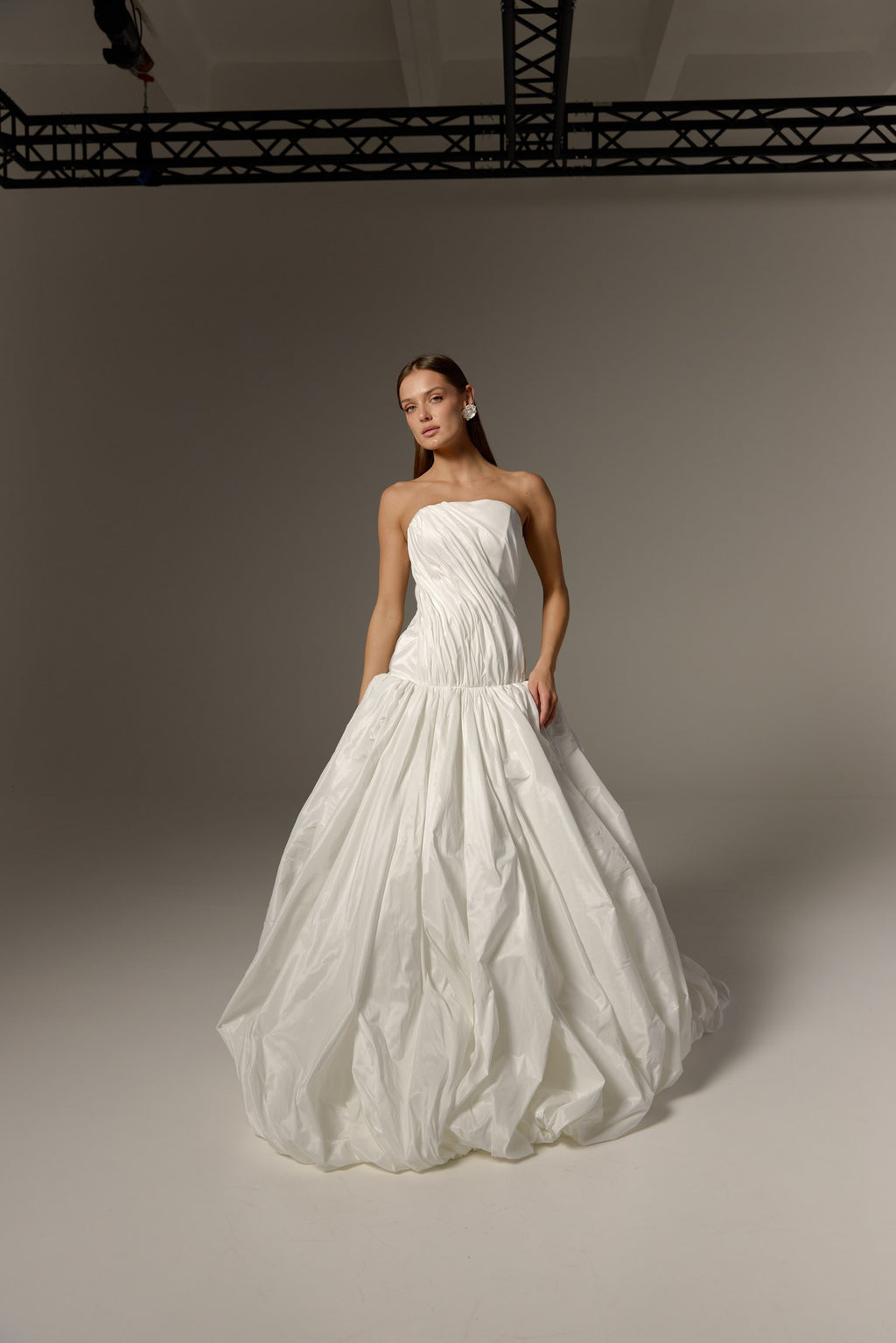 Ivory Taffeta Strapless Wedding Dress: Modern Drop Waist Corset Gown