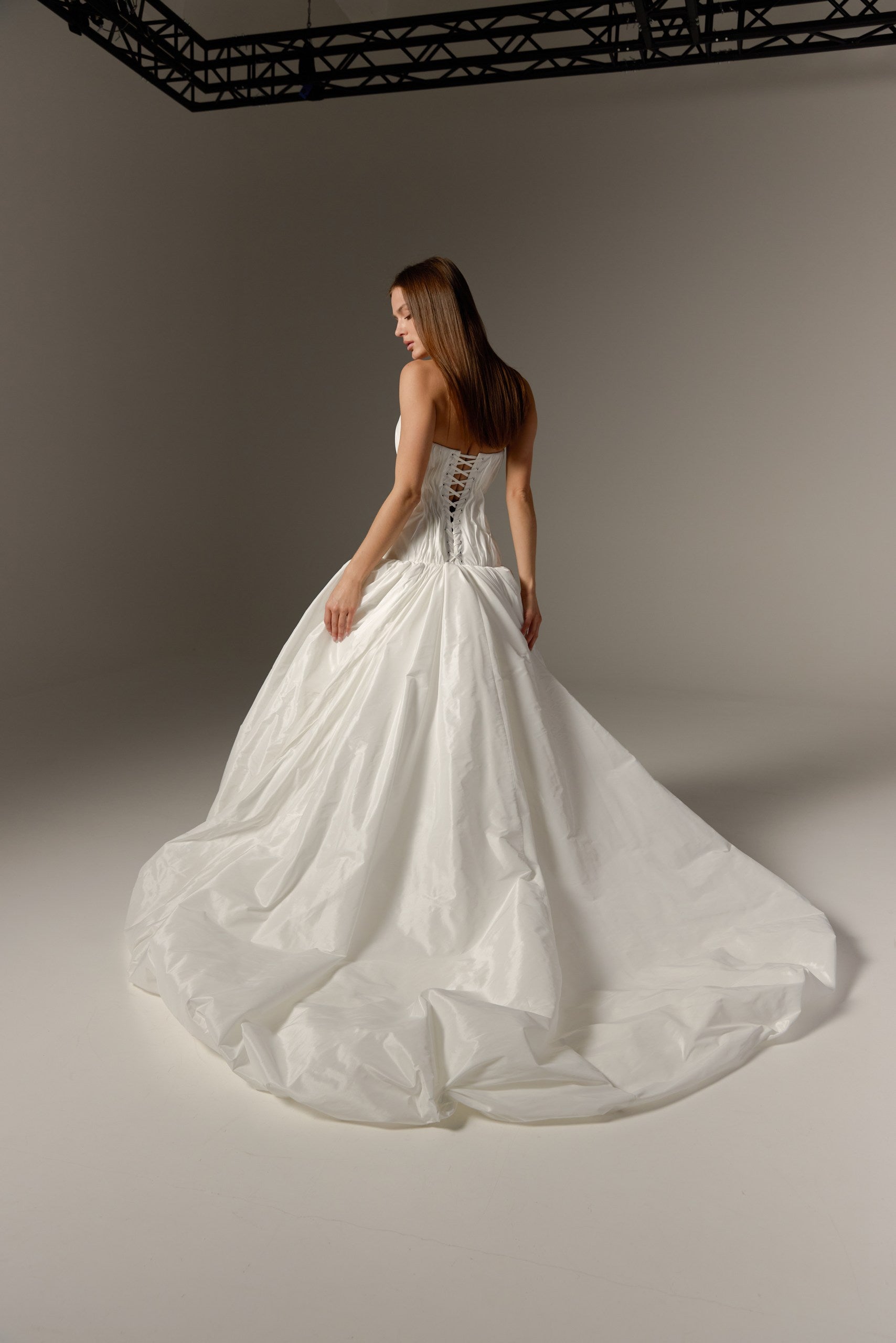 Ivory Taffeta Strapless Wedding Dress: Modern Drop Waist Corset Gown