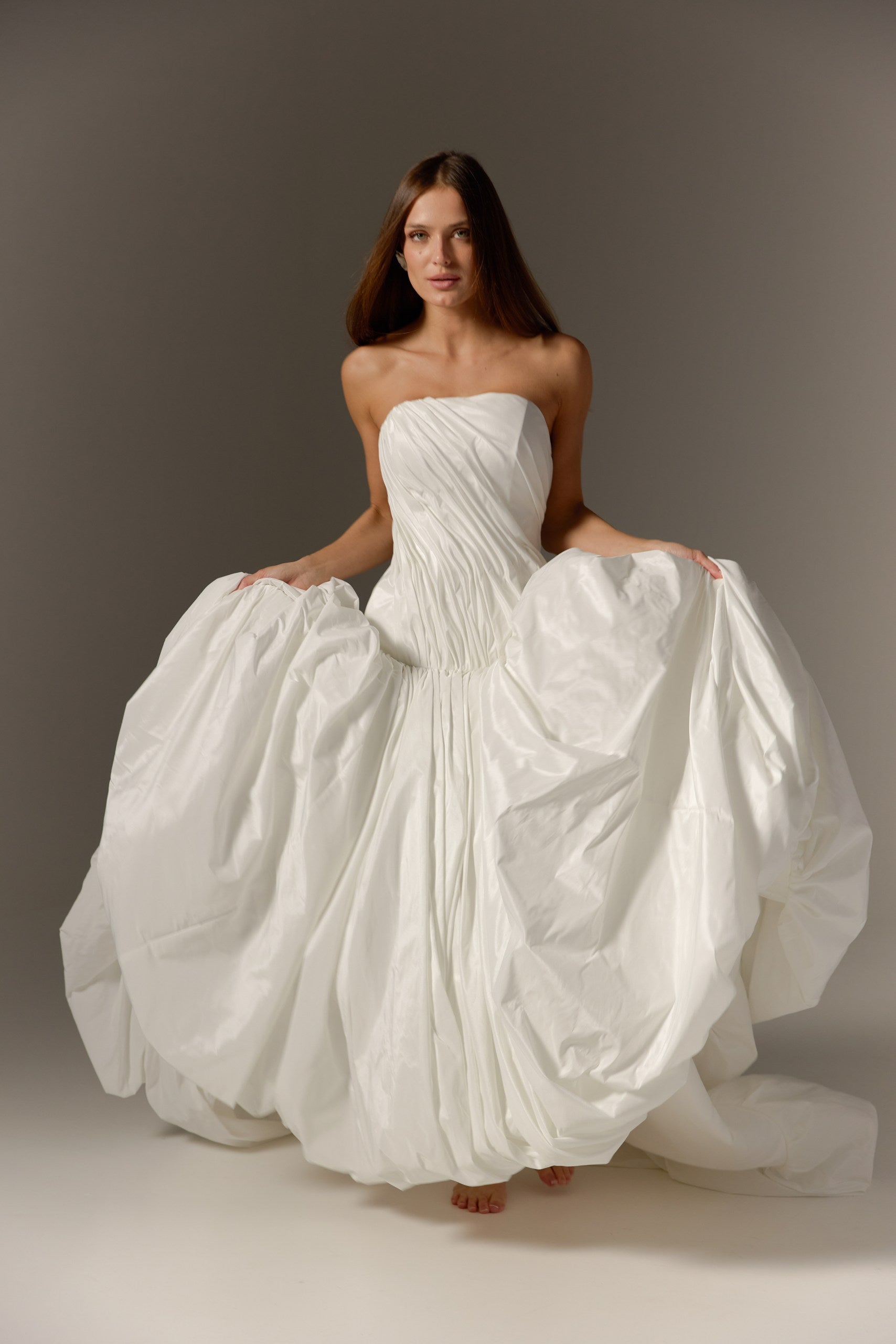Ivory Taffeta Strapless Wedding Dress: Modern Drop Waist Corset Gown