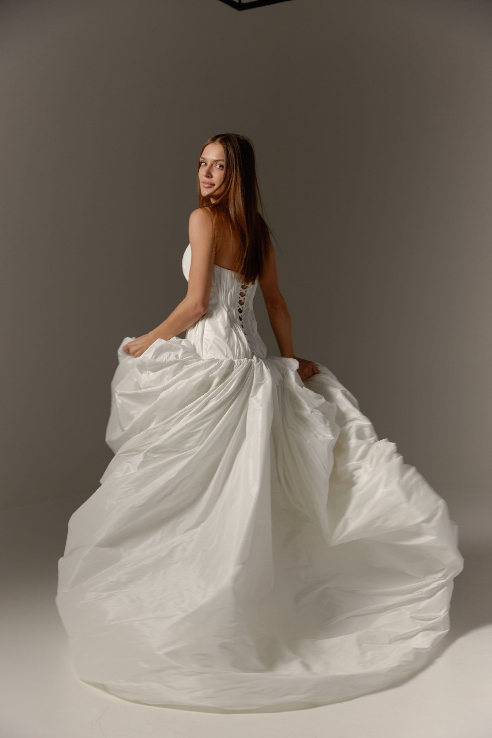 Ivory Taffeta Strapless Wedding Dress: Modern Drop Waist Corset Gown