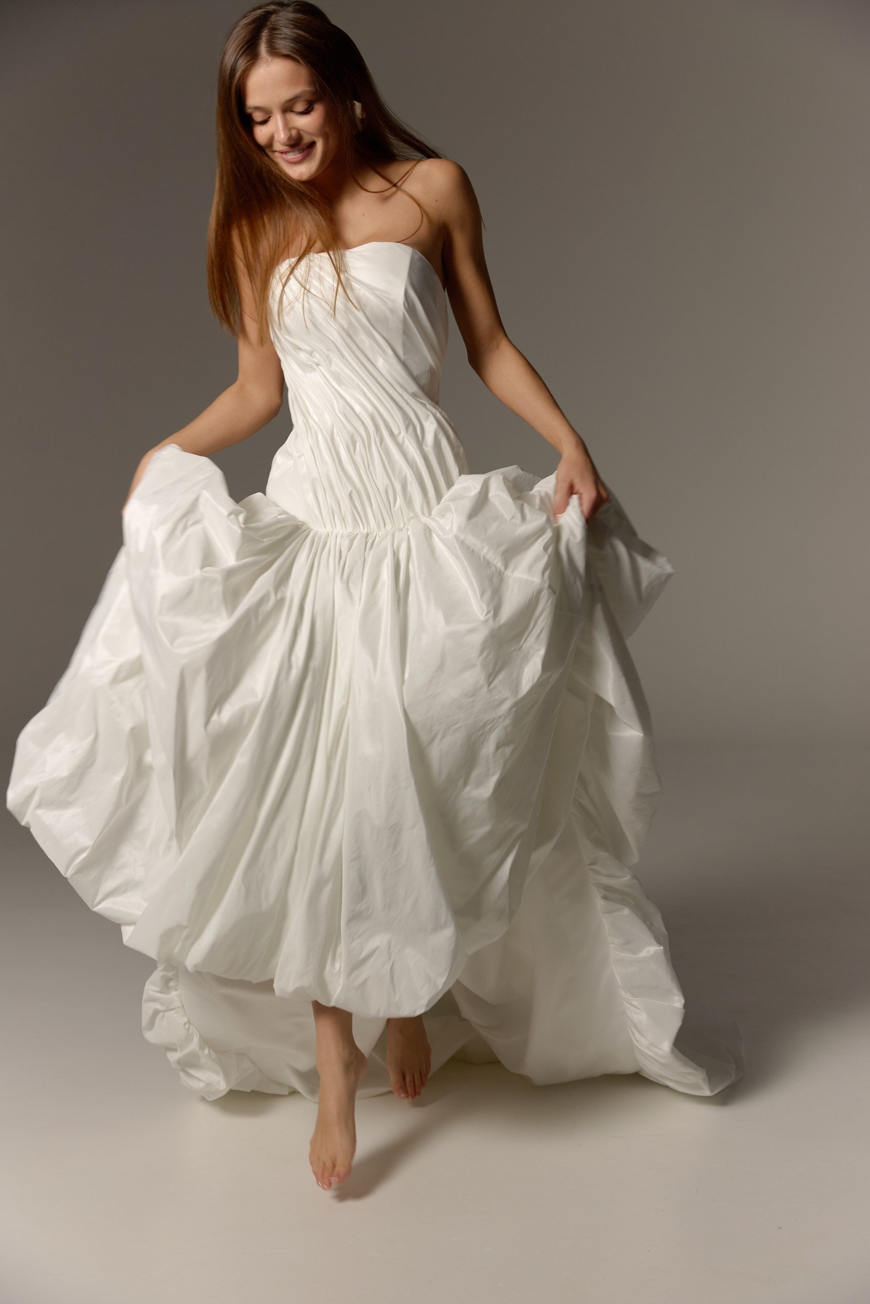 Ivory Taffeta Strapless Wedding Dress: Modern Drop Waist Corset Gown