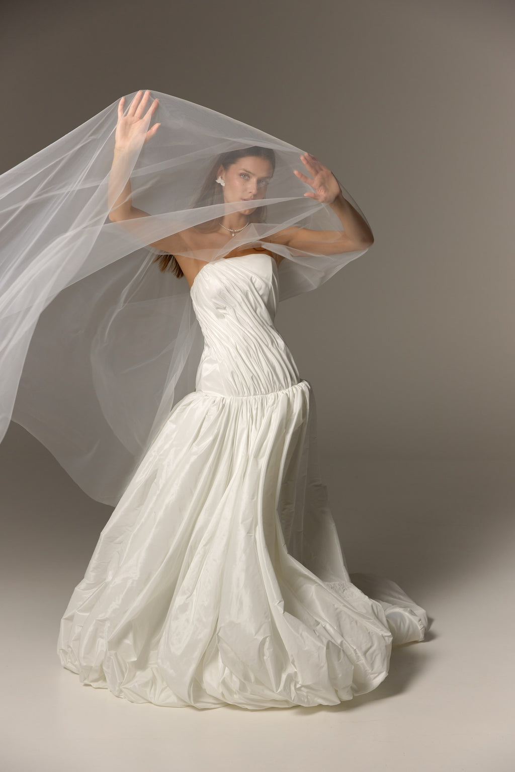 Ivory Taffeta Strapless Wedding Dress: Modern Drop Waist Corset Gown